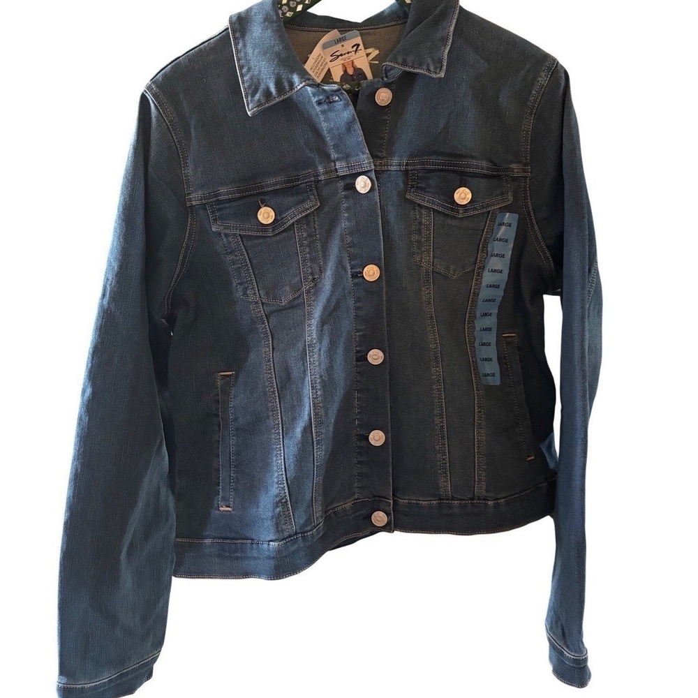 Seven7 Women Denim Jacket Dark Wash Blue Button Front